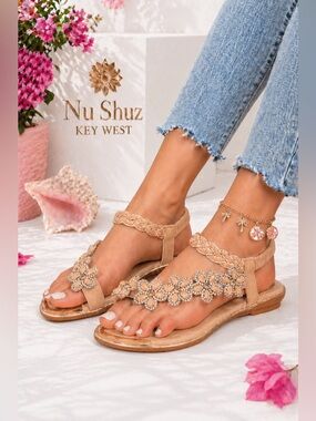 Italina Peach Floral‎ Rhinestone Embellished Gold Woven Braid Flat Sandal